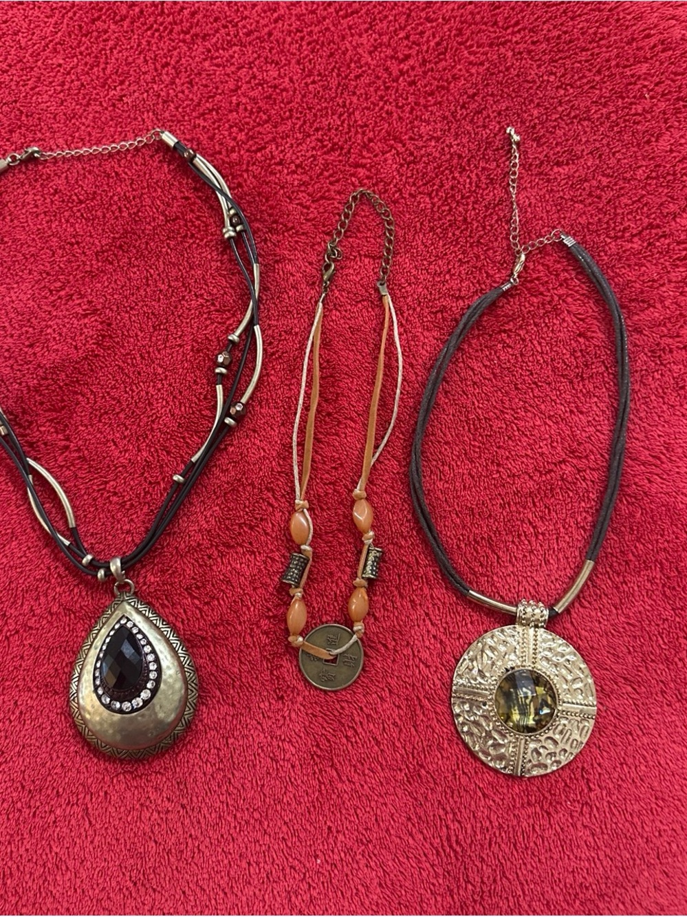Unk Boho Trio: Black & Gold Teardrop and Round Pendant Necklaces